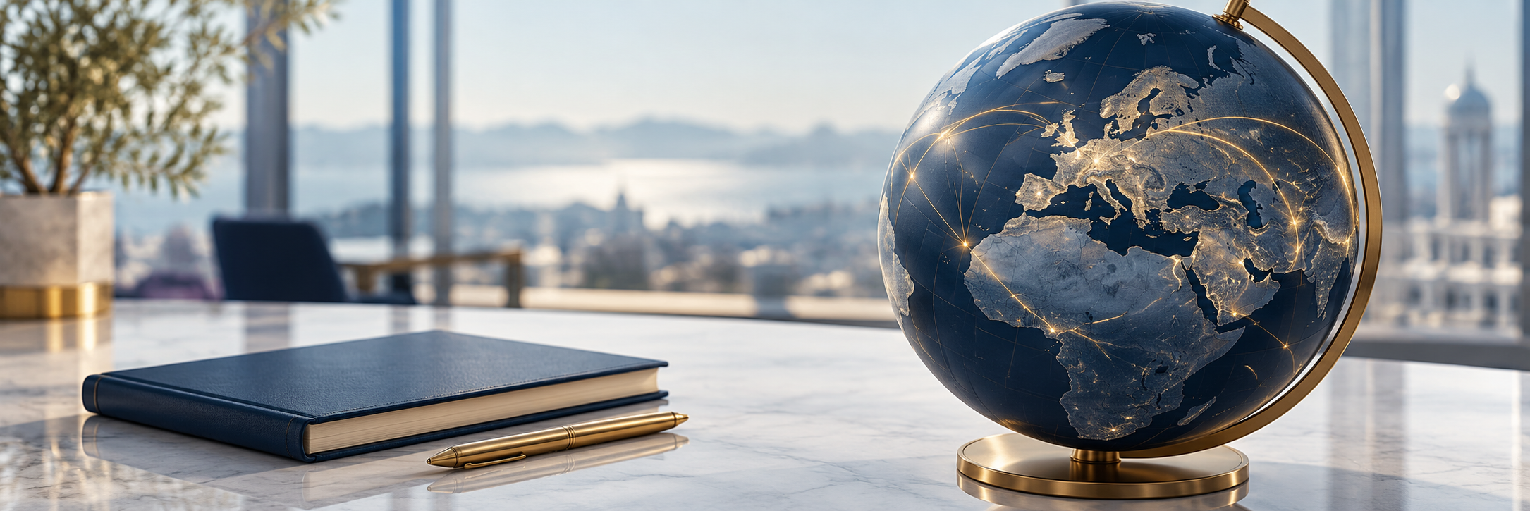 Globo con connessioni luminose tra Europa e mercati internazionali