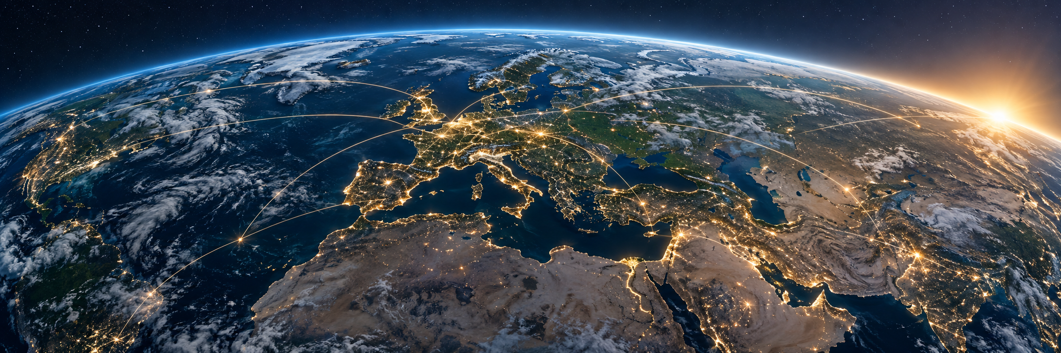 Illustrazione dell’Europa e del Mediterraneo visti dall’orbita, con connessioni luminose tra i territori